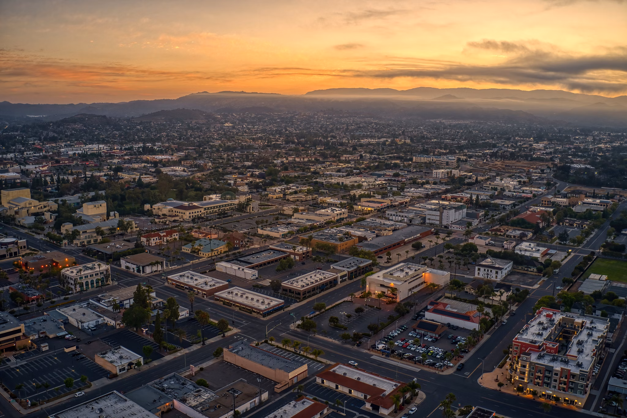 Aerial view of Escondido, California highlighting urban landscape at sunset