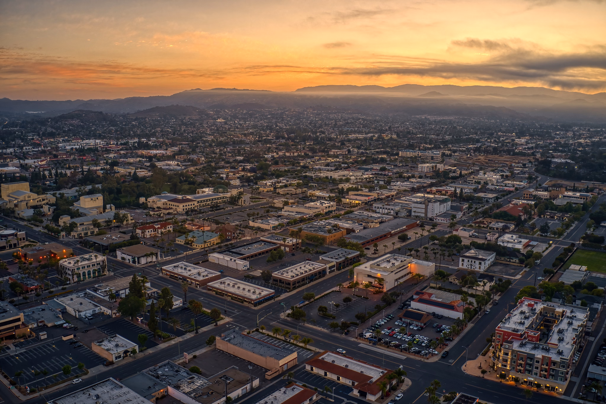 Aerial view of Escondido, California highlighting urban landscape at sunset