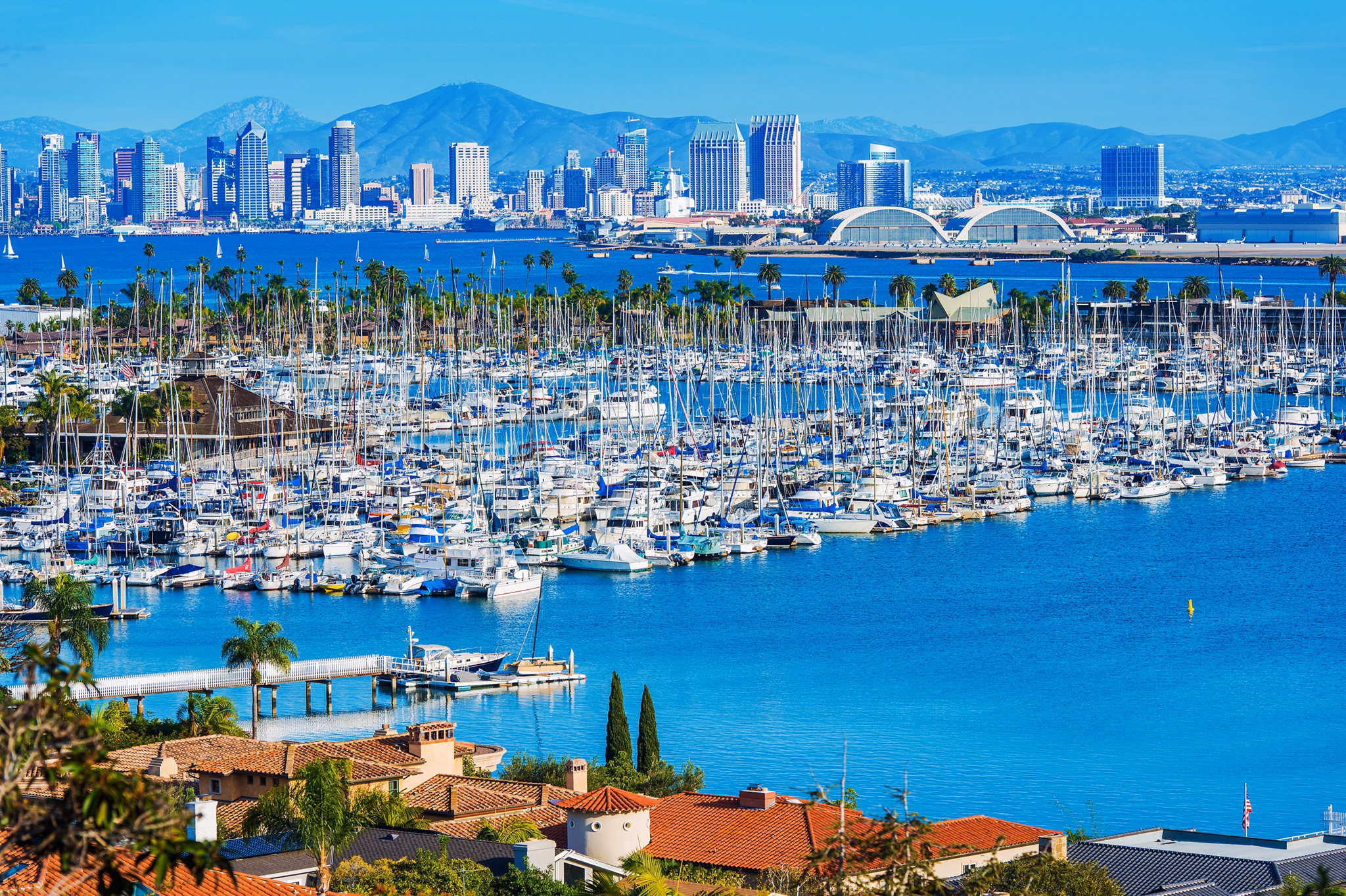Panorama of San Diego, California, United States. San Diego North Bay, City Skyline, Shelter Island and the Pacific Ocean Blue Water.