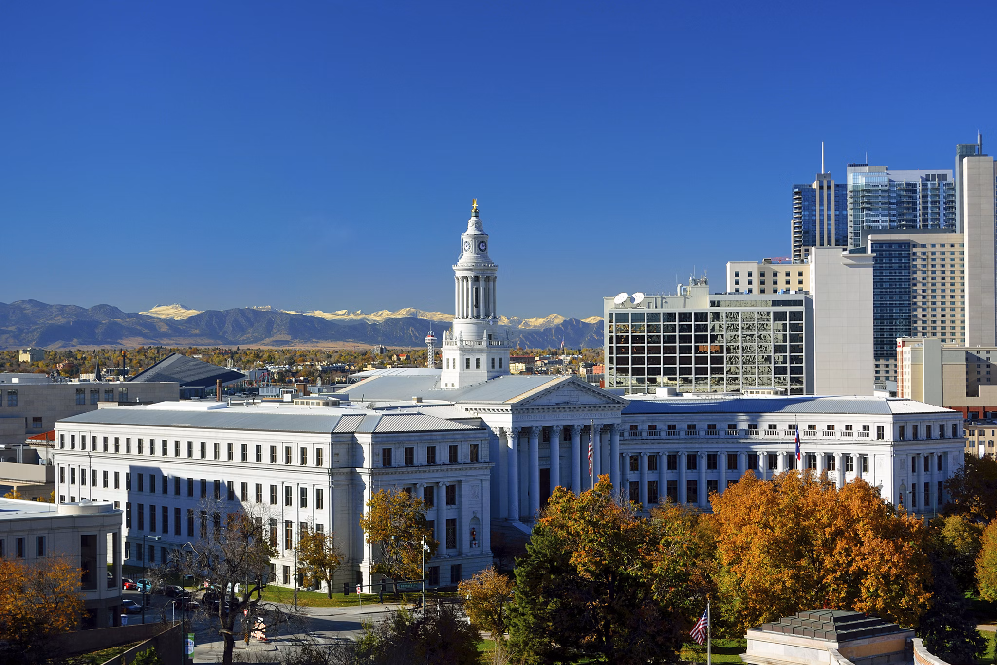 Denver, Colorado City Hall with Colorful Fall Leaves and the Rocky Mountains in the Background