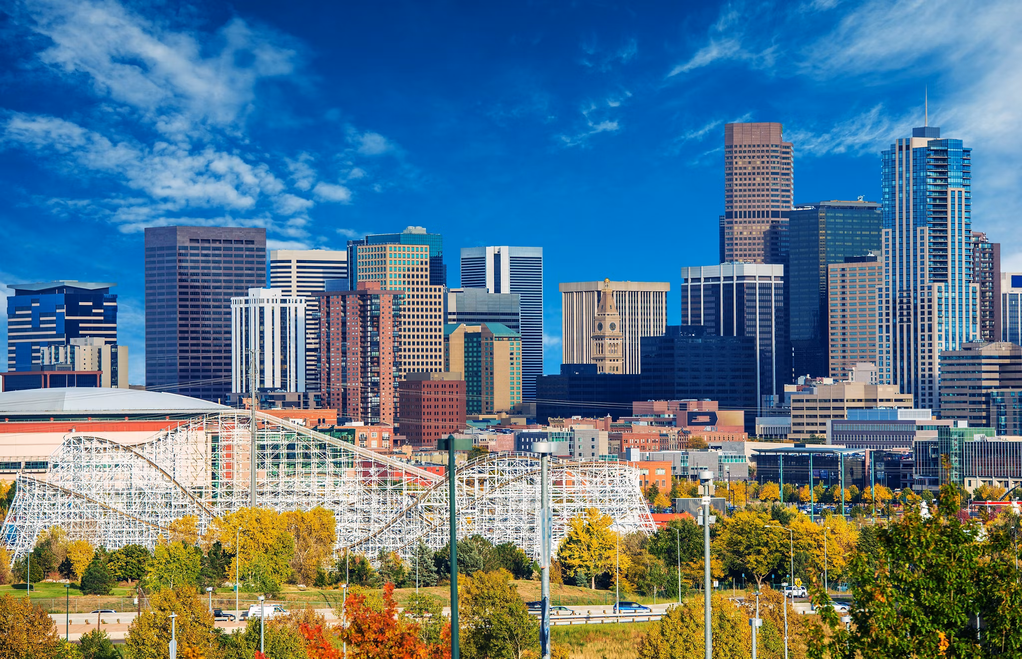 Sunny Day in Denver Colorado, United States. Downtown Denver City Skyline and the Blue Sky.