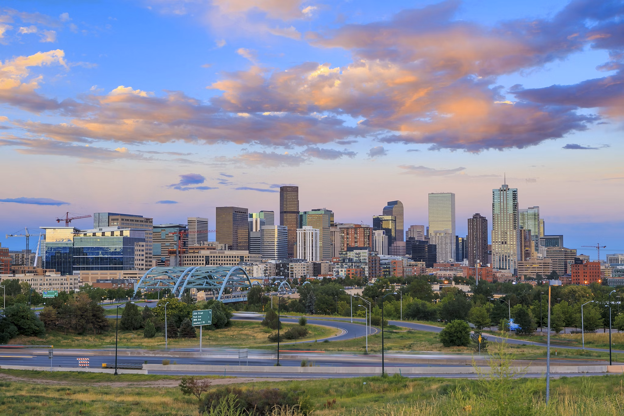 Panorama of Denver skyline long exposure at twilight.