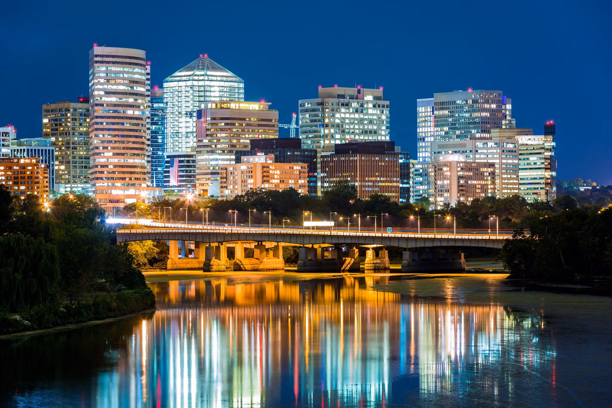Rosslyn district skyline connected to  Washington DC through Theodore Roosevelt memorial bridge.