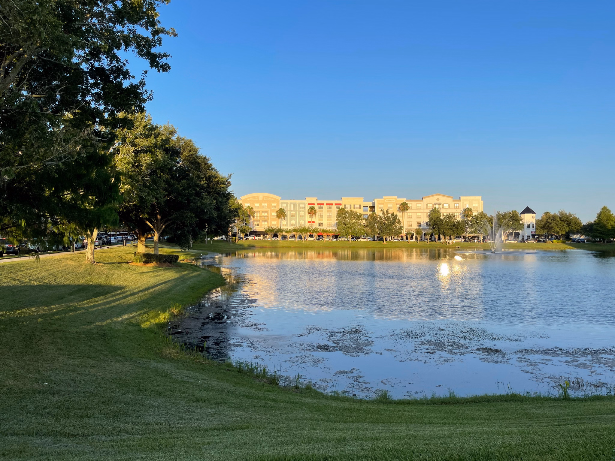 Lake view in Avalon Park, Florida, with apartment buildings across the water, green lawns, and a fountain in late afternoon light.
