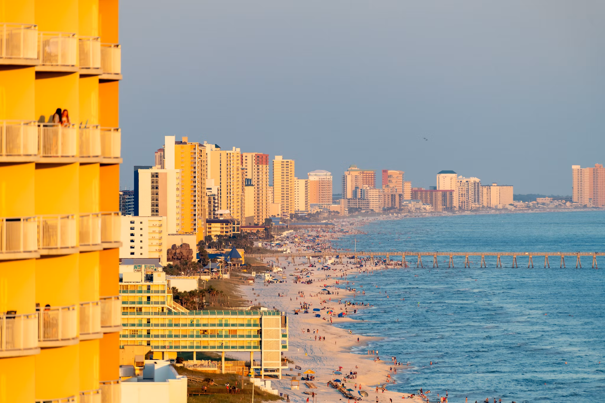 Aerial view of Panama City, Florida skyline and beach on a busy day
