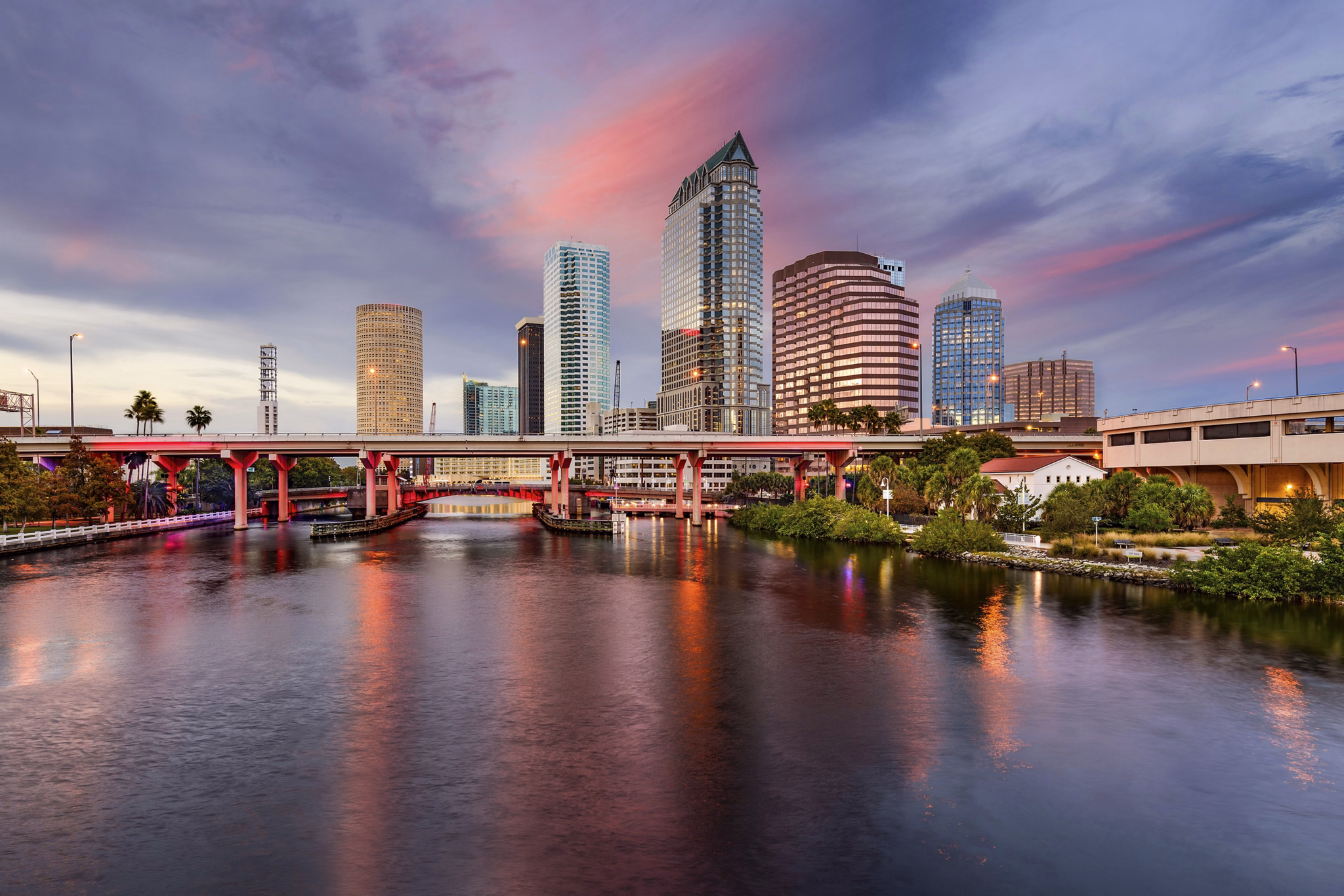 Tampa, Florida, USA downtown city skyline over the Hillsborough River.