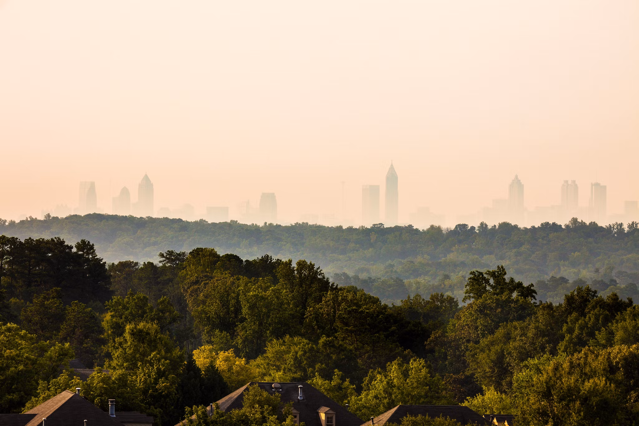 Misty morning view from Cobb County, GA with dense green forest and Atlanta skyline silhouette visible in the distance.