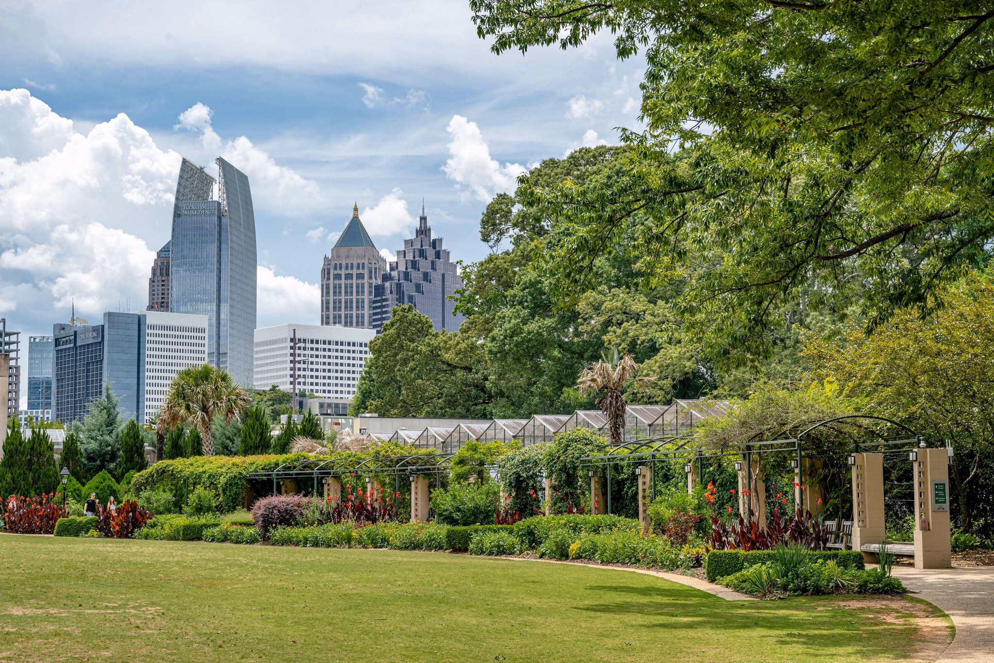 Lush garden in Villa Rica, GA with flower-covered pergola, lush lawn, and Atlanta skyline in the background under a blue sky.
