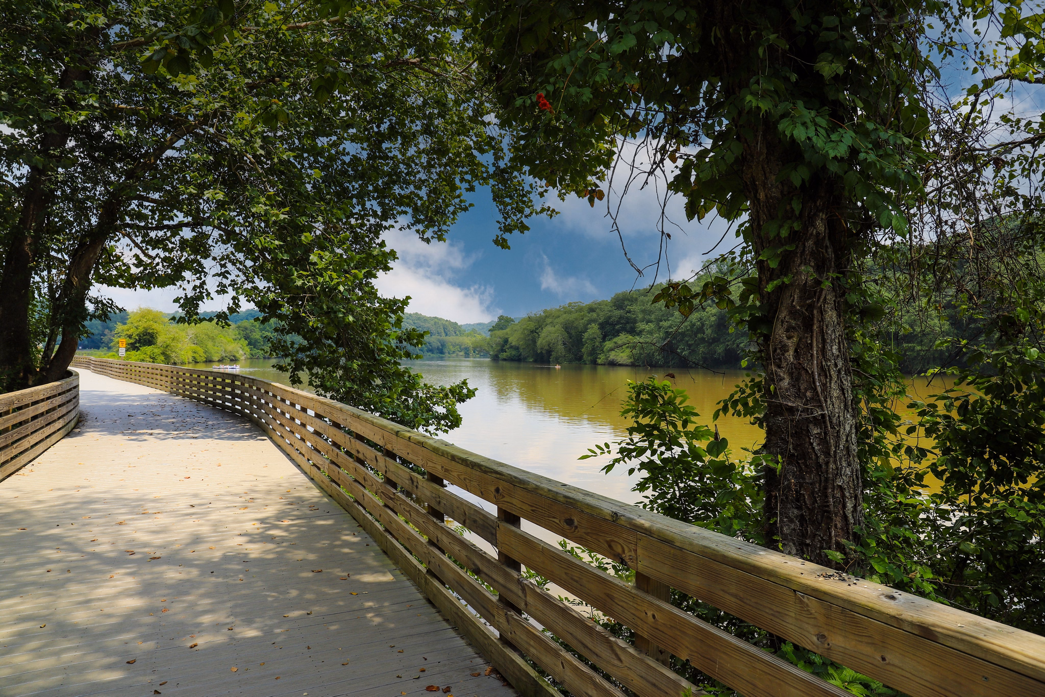A wood boardwalk trail alongside Chattahoochee River in Roswell, GA with tree-lined shores and calm water under a blue sky.
