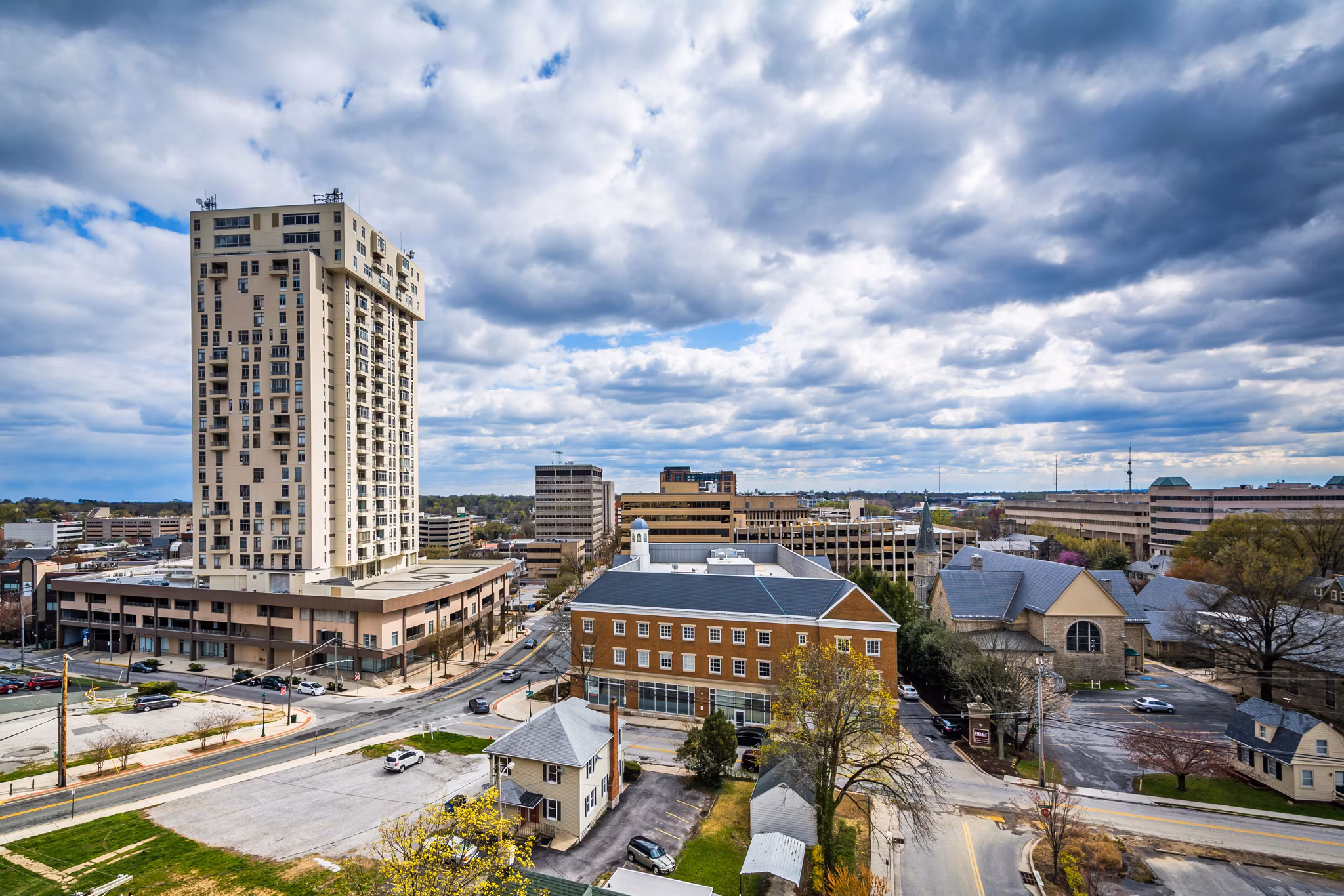 View of buildings in Towson, Maryland.