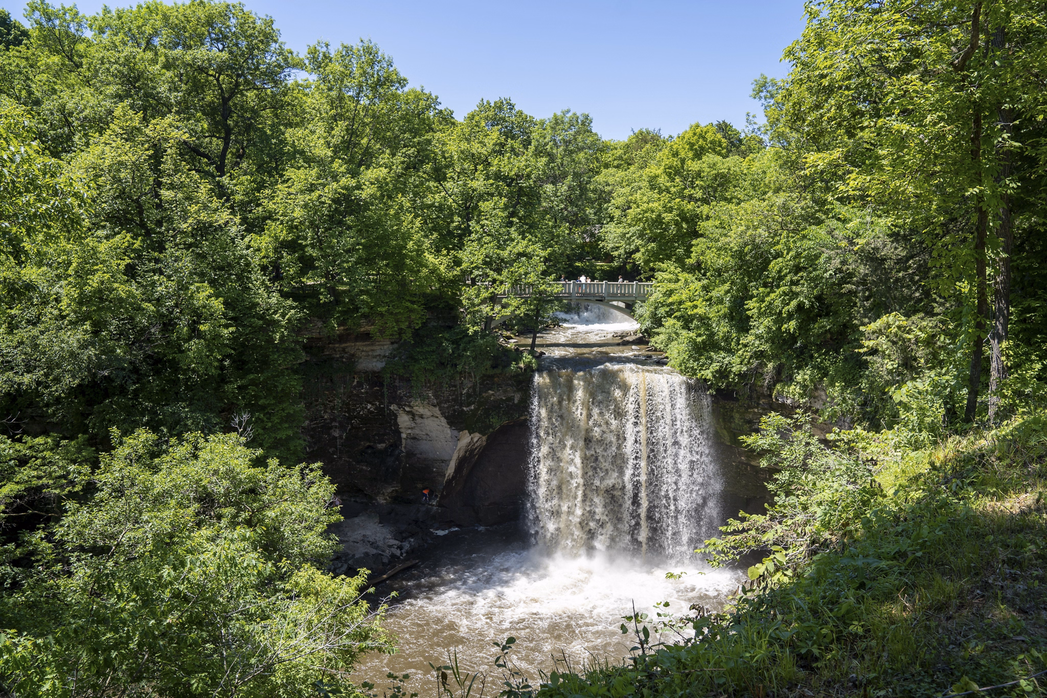View of the upper falls of Minneopa Falls waterfall at Minneopa State Park in Mankato Minnesota