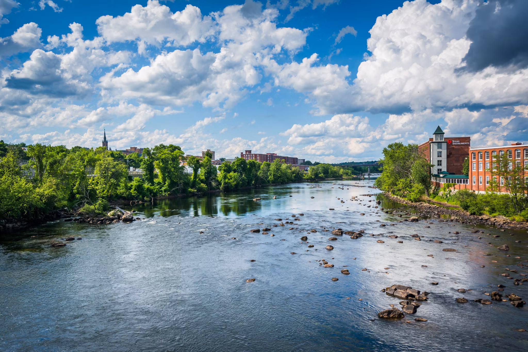 View of the Merrimack River, in downtown Manchester, New Hampshire.