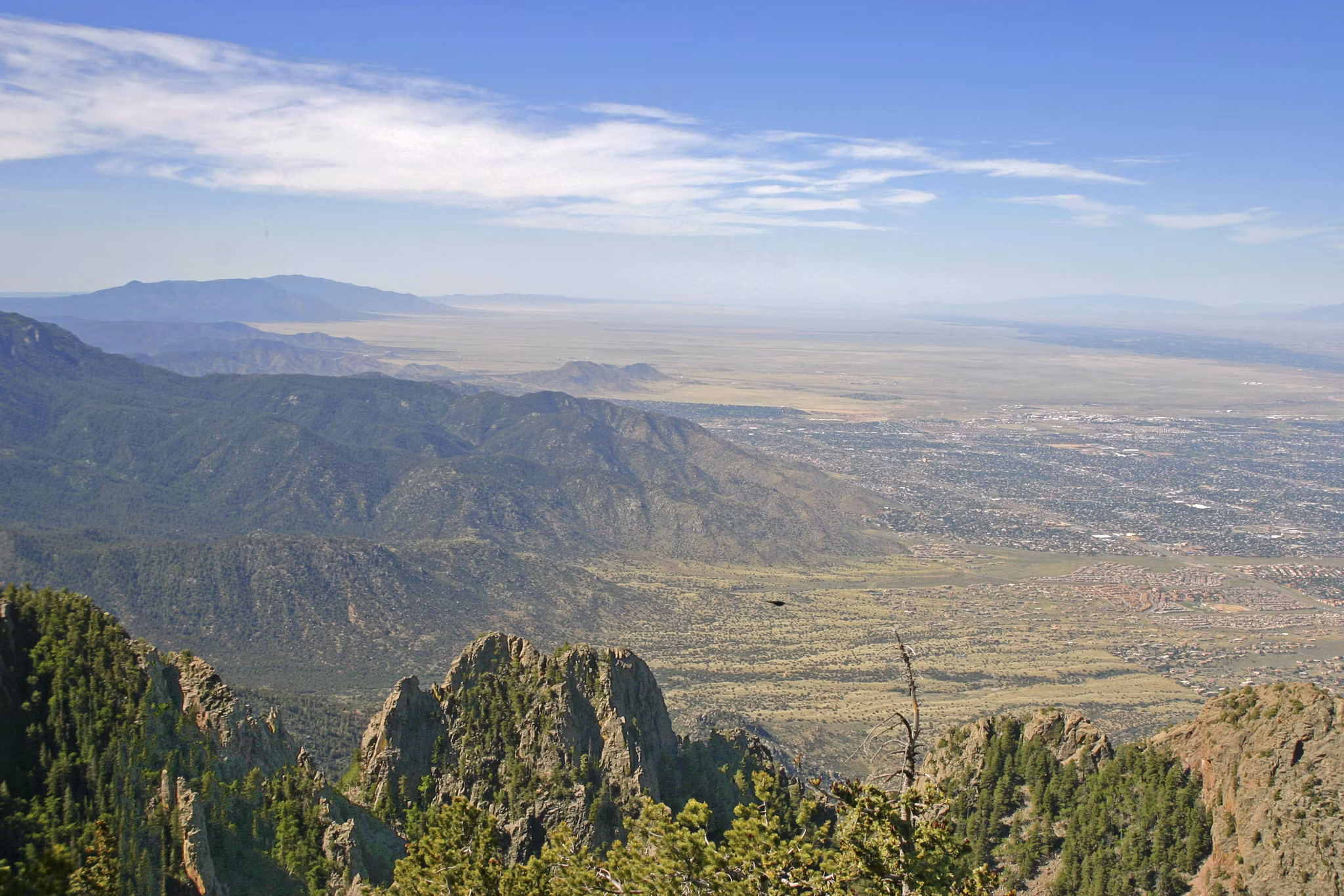 Aerial view of the Manzano and Sandia mountains and part of Albuquerque, New Mexico