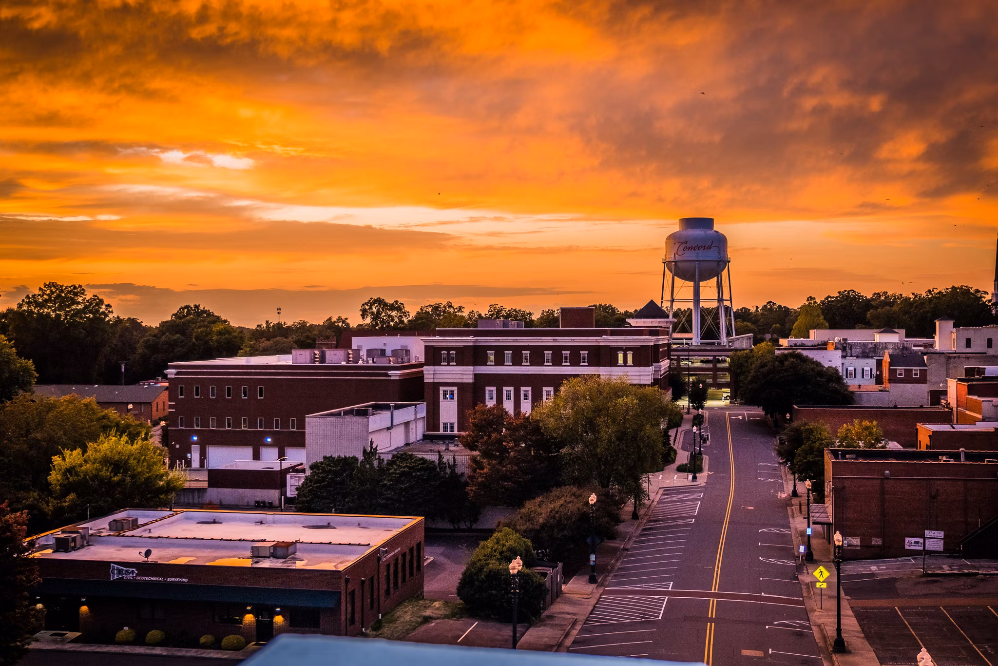 A charming view of the historic district and traditional architecture in downtown Concord, North Carolina.