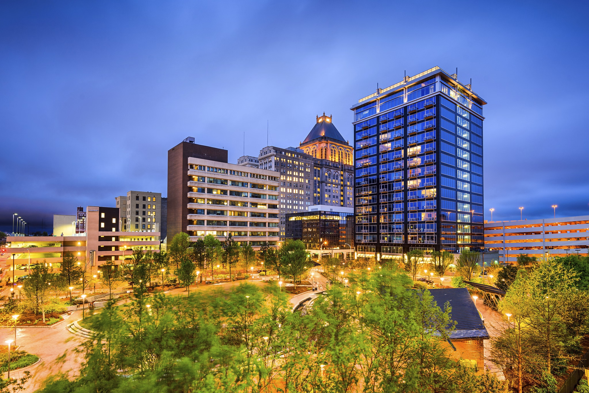 Greensboro, North Carolina, USA downtown city skyline.