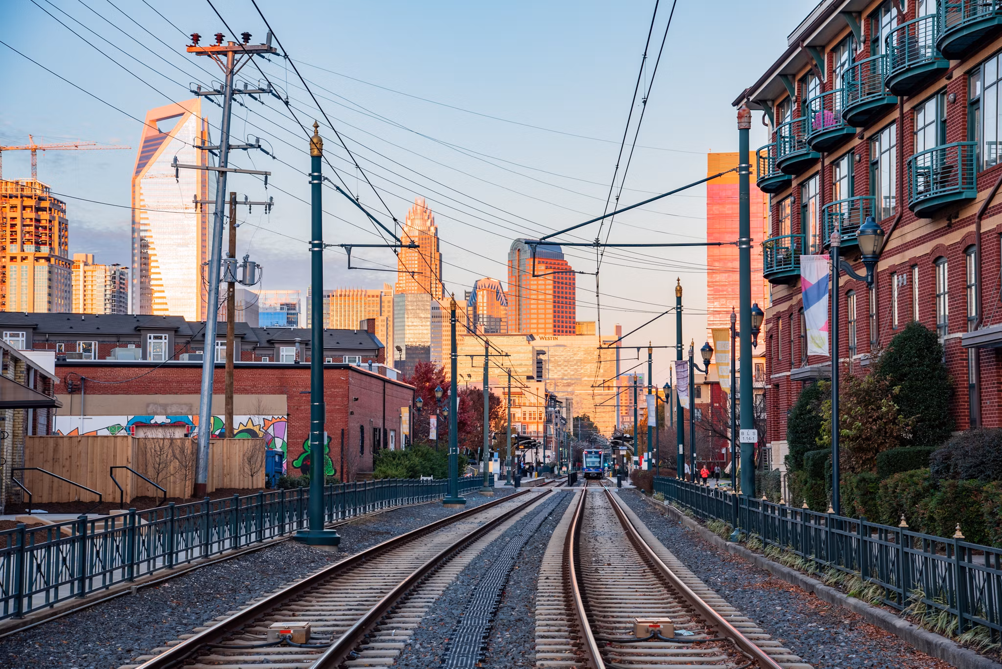 Daytime view of the downtown Charlotte, North Carolina skyline and commercial buildings from the revitalized South End district, Charlotte, North Carolina.