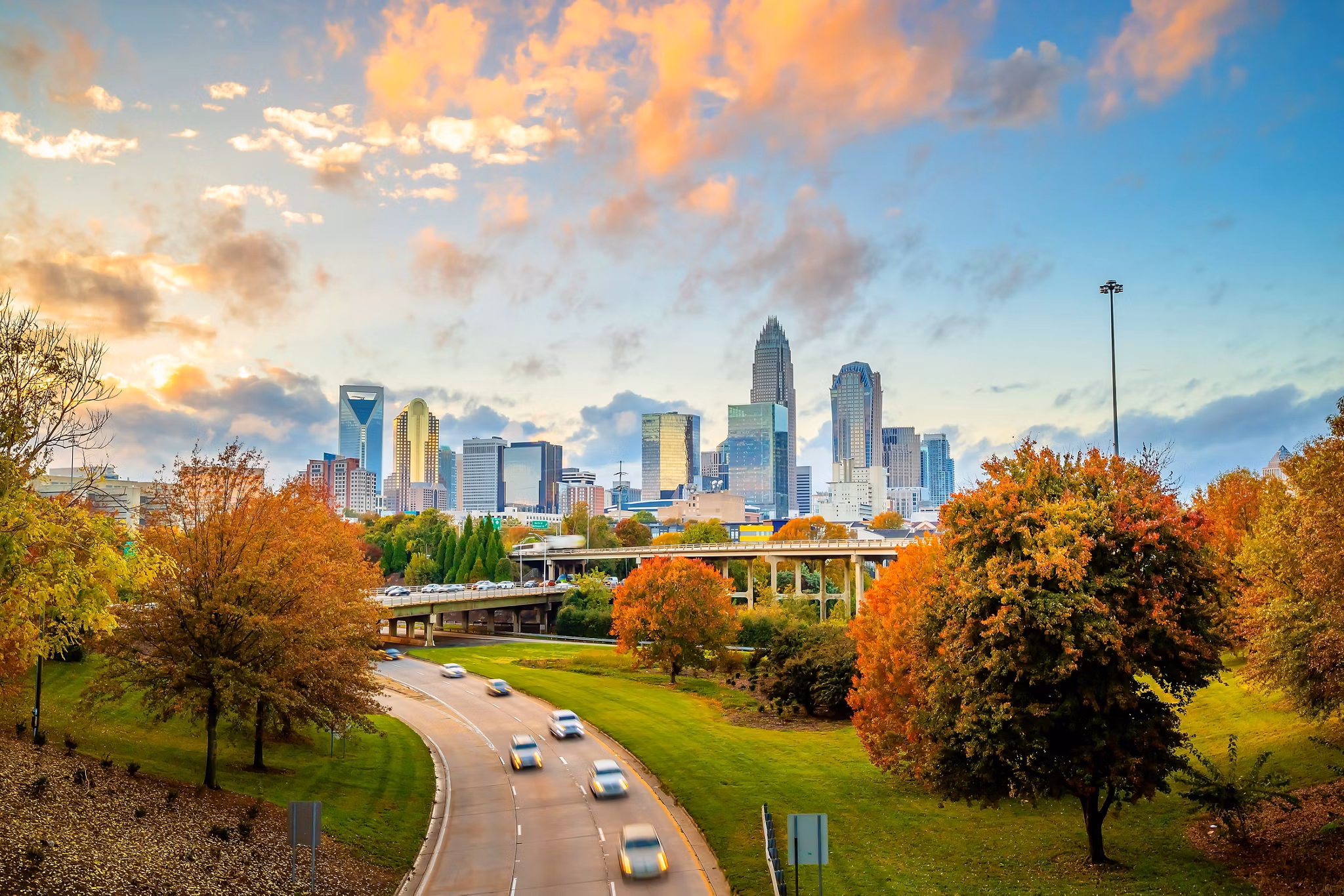 Modern skyscrapers create the vibrant city skyline in downtown Charlotte, North Carolina.