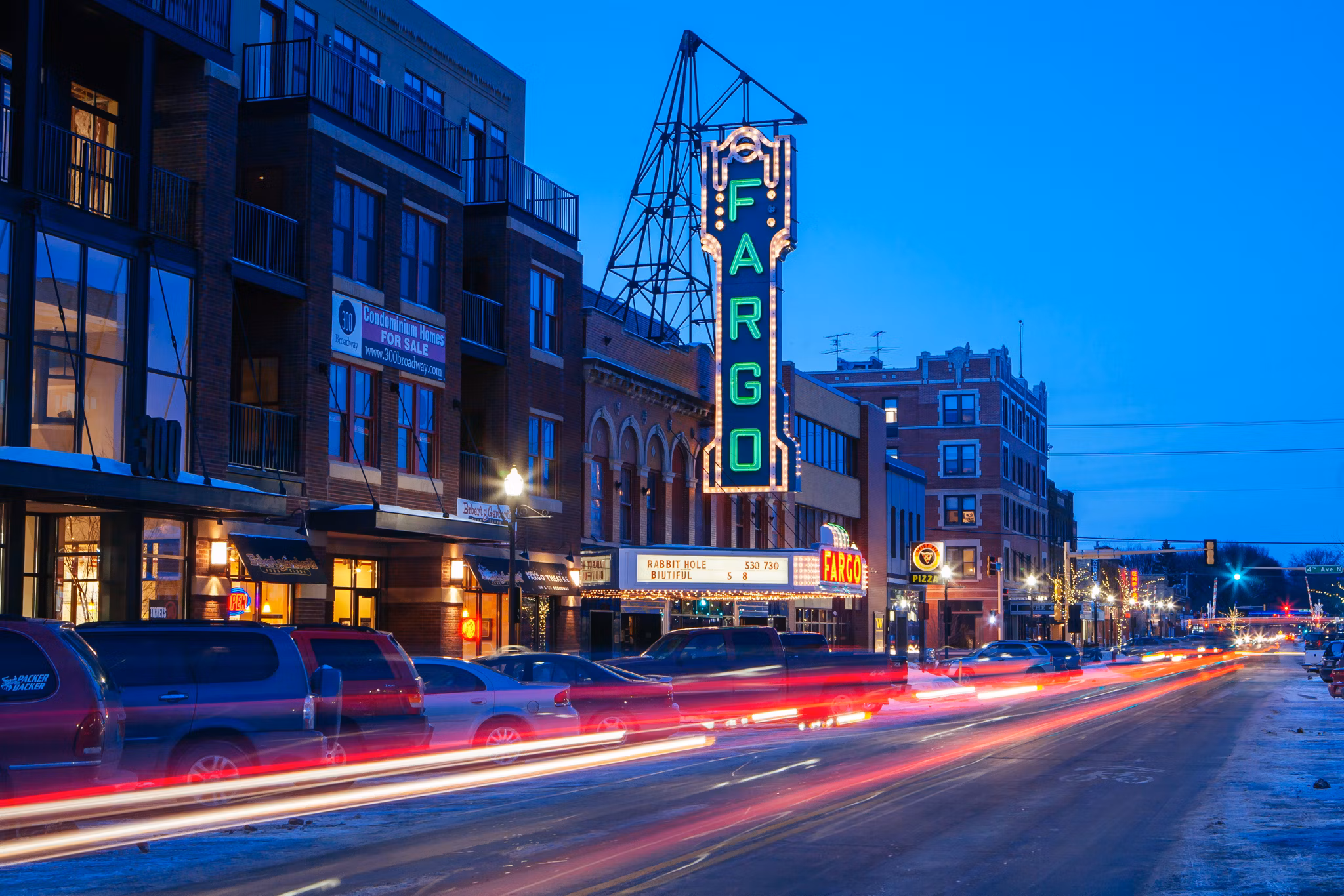 Fargo, USA - March 8 2011: Fargo main st and theater at dusk on a cold spring evening