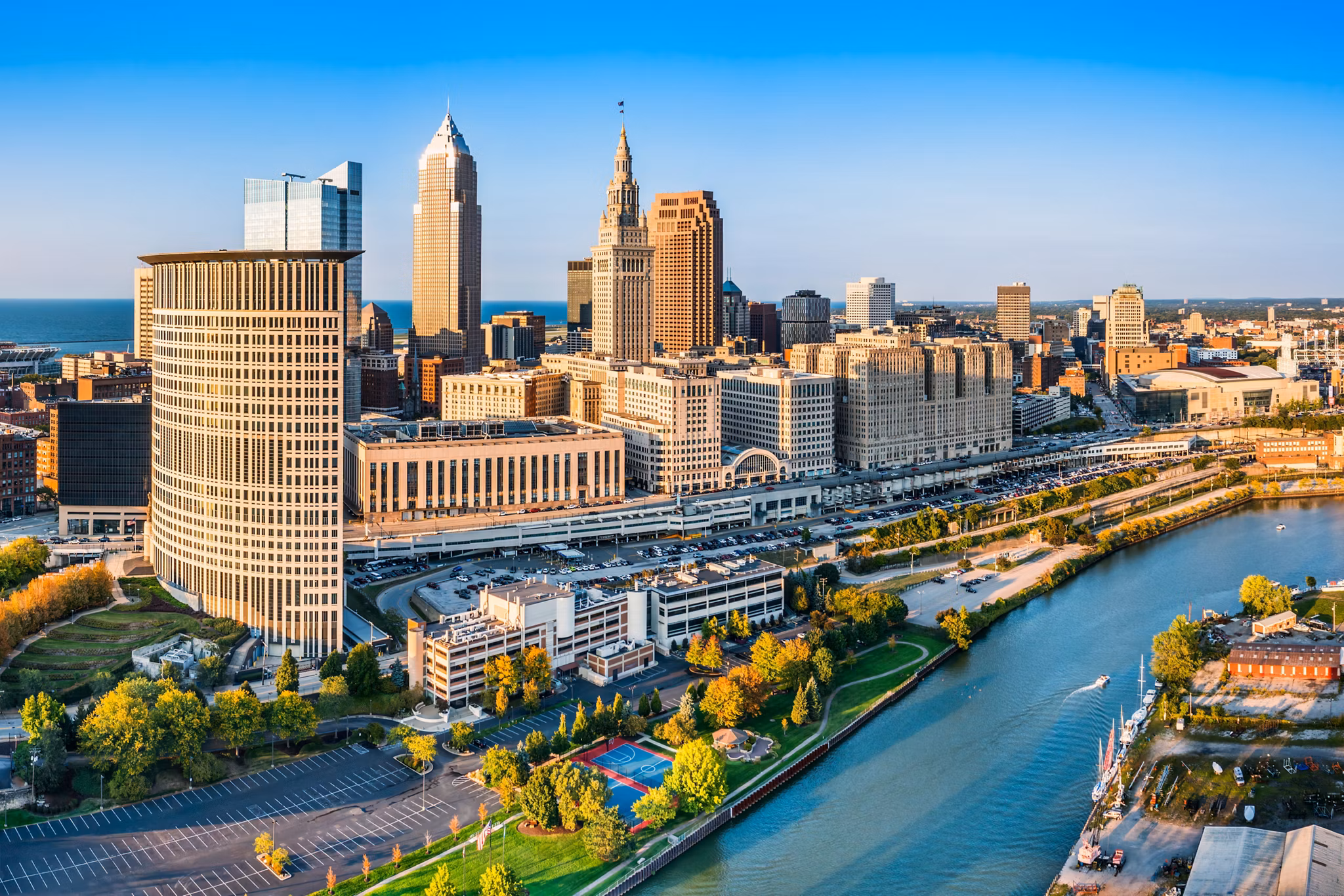 Aerial view of Cleveland, Ohio skyline at sunset. Cleveland is a major city in the U.S. state of Ohio and the county seat of Cuyahoga County.