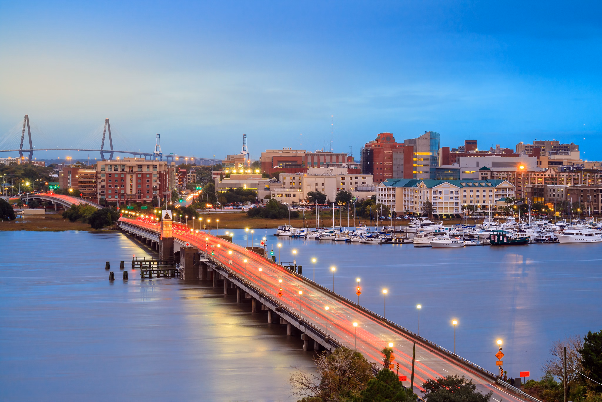 Skyline of Charleston, South Carolina, USA over the Ashley River at twilight.