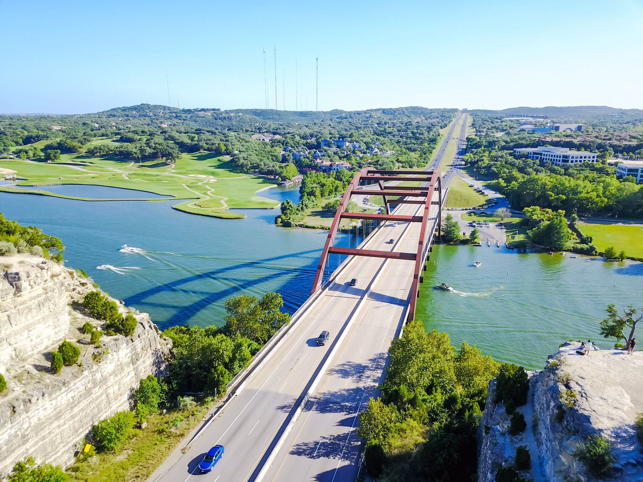 Aerial view Pennybacker Bridge and limestone cliff, a landmark in Austin, Texas