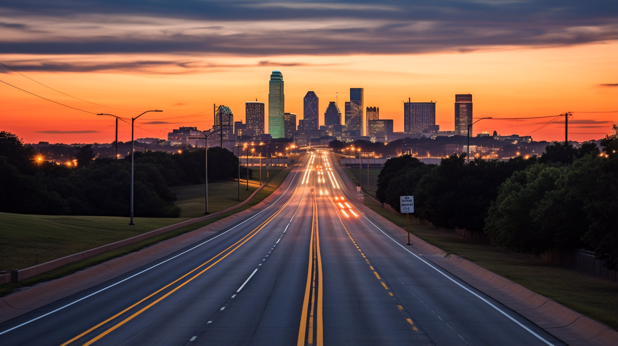 A view of the Frisco/Little Elm neighborhood in Texas at sunset, with a road leading towards a skyline illuminated by lights.