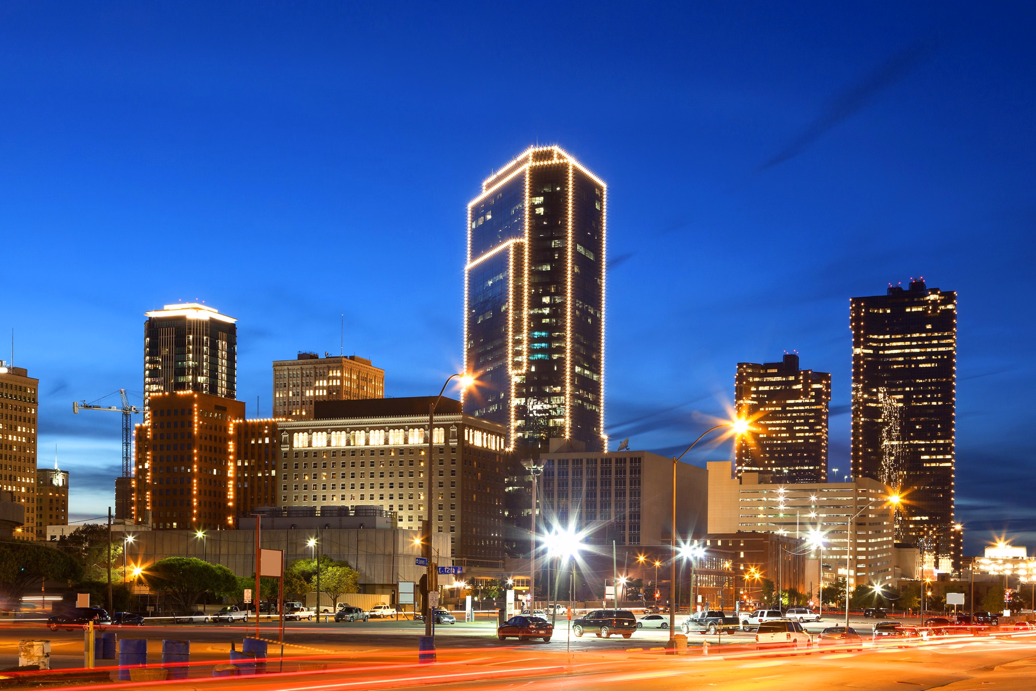 Downtown of Fort Worth illuminated at night. Texas, United States of America
