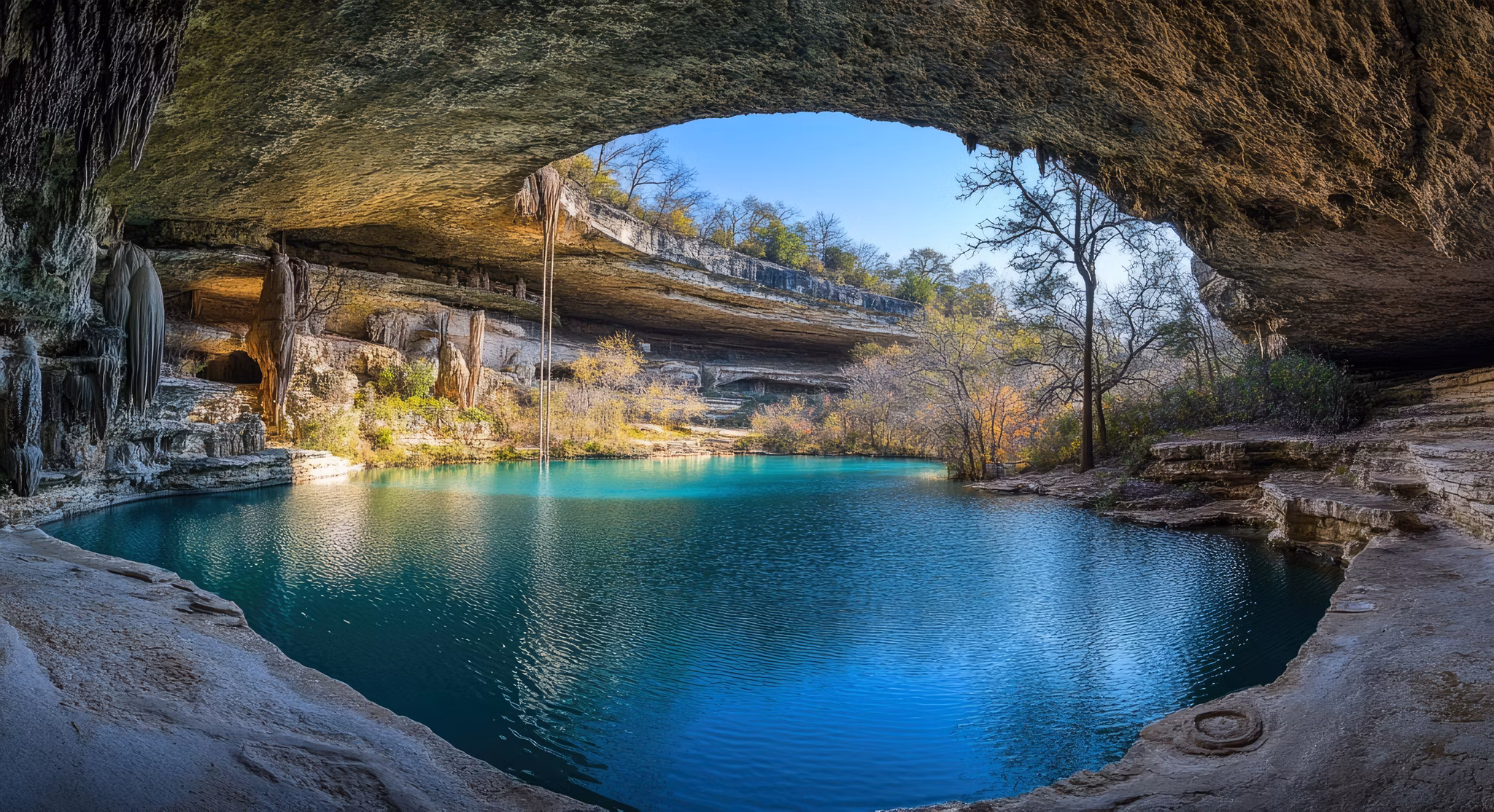 Hamilton Pool. Hamilton Pool, Austin, Texas: austin, pool, texas, america, beautiful, blue, cave, circle, city, famous --ar 37:20 --v 6.1 Job ID: a3fa0146-275d-4957-9401-763c70825db2