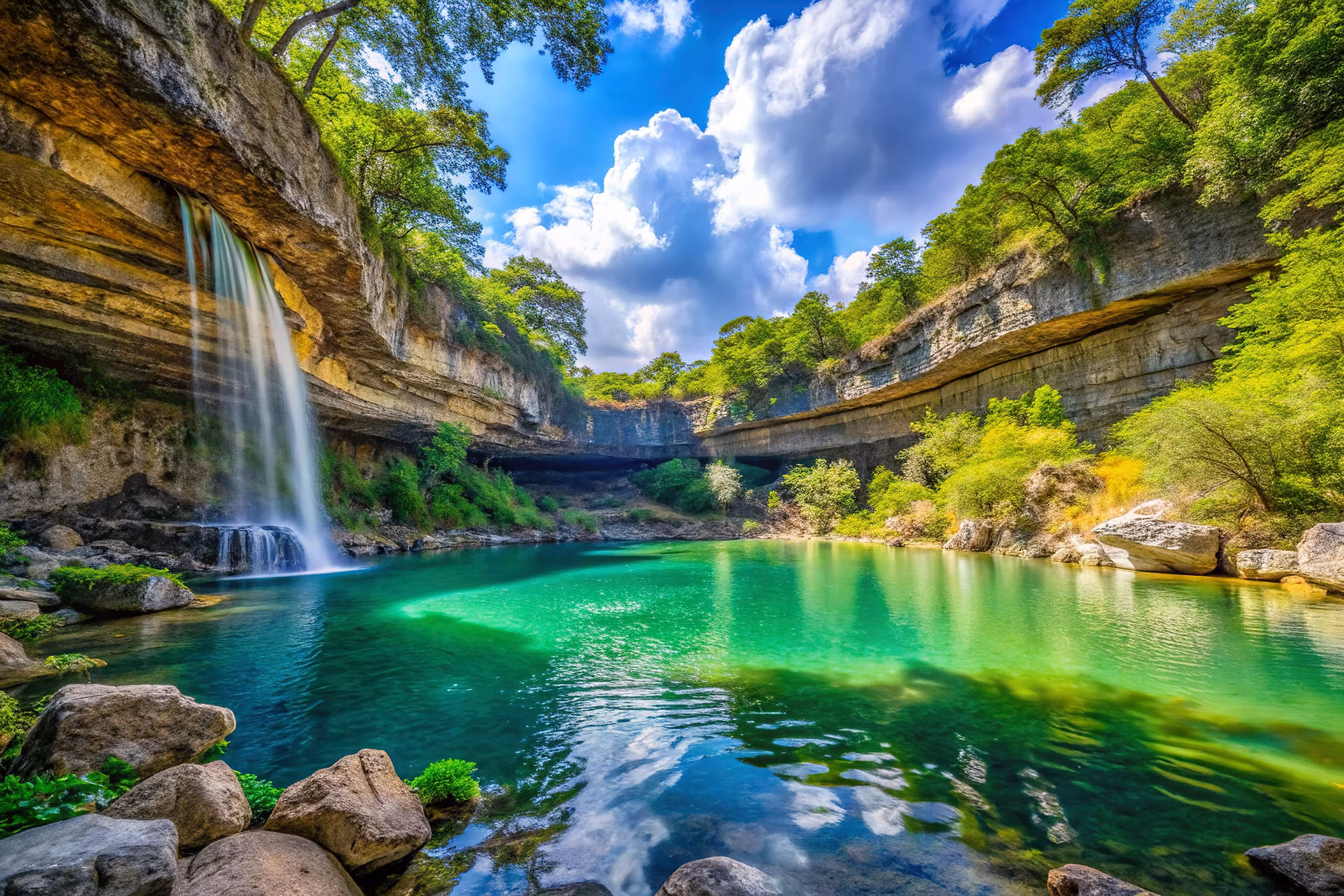 Hamilton Pool natural swimming hole with waterfall and turquoise water in Travis County - Southwest Austin Dripping Springs Texas outdoor recreation
