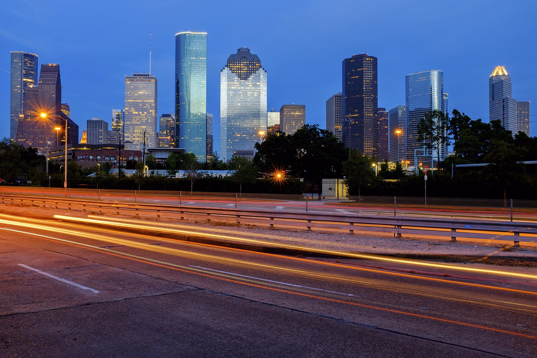 View of Downtown Houston city, Texas in a beautiful day at night