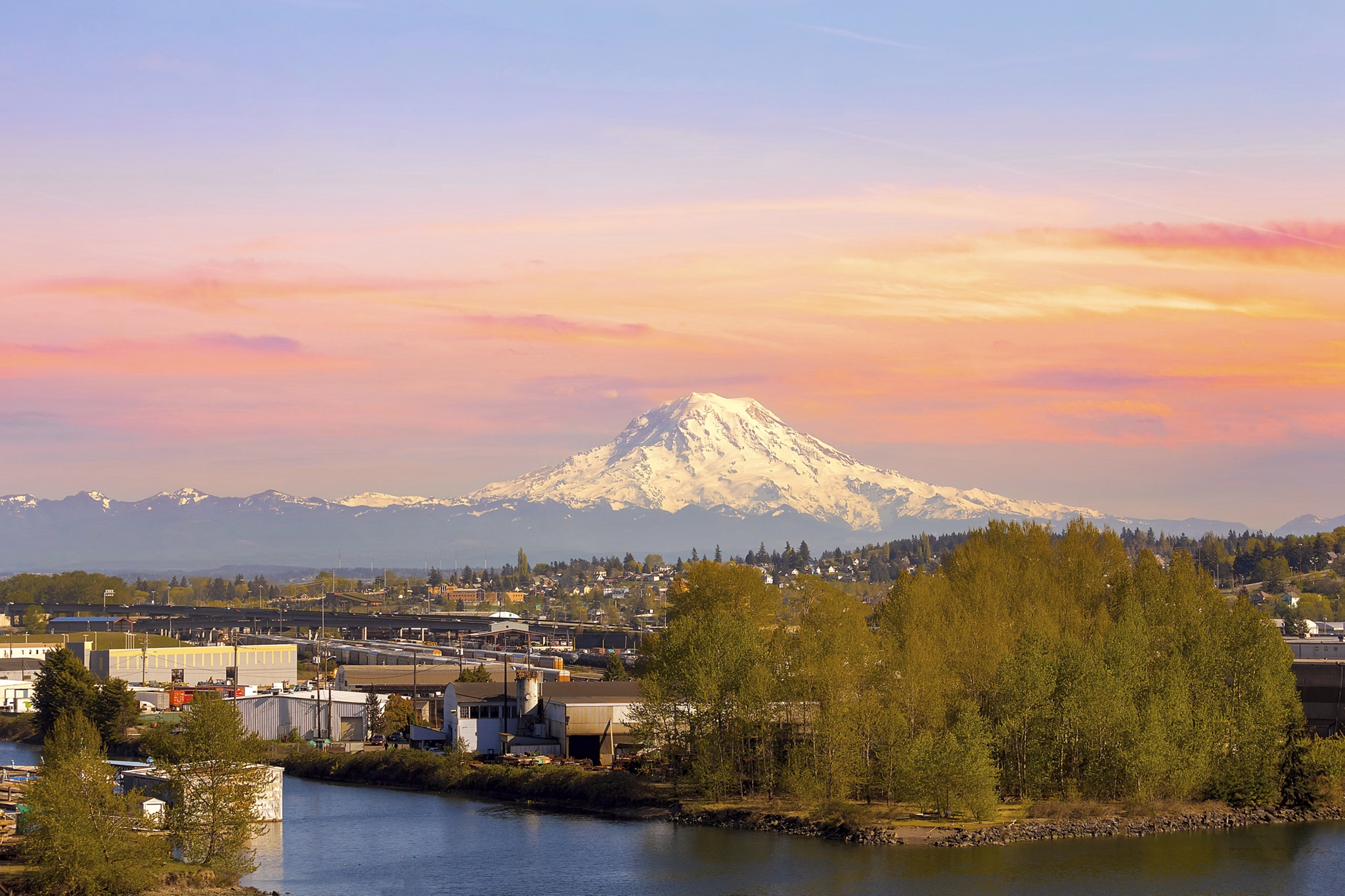 Mount Rainier from Tacoma Marina in Washington State at Sunset