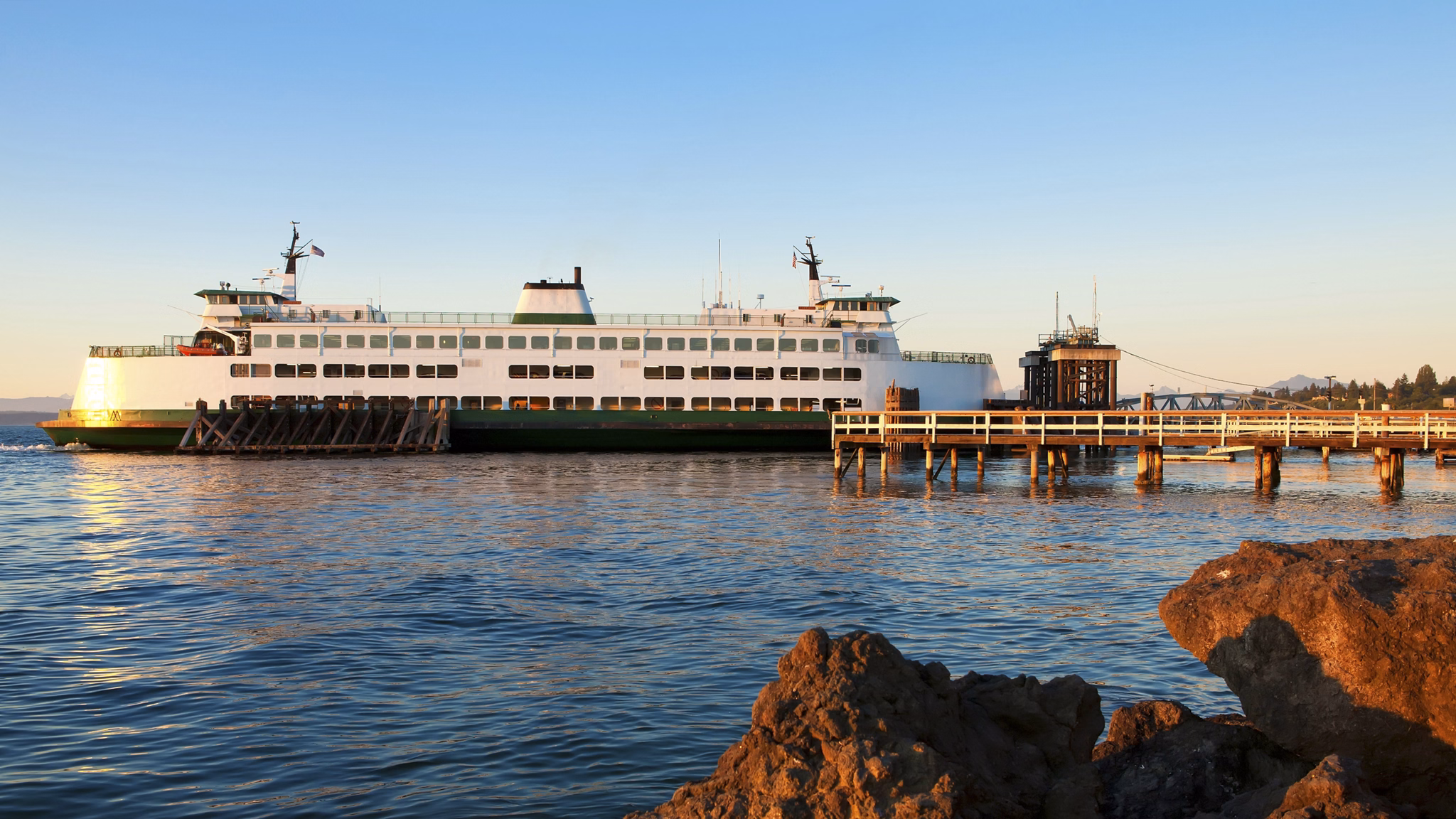 Mukilteo to Bainbridge Washington State ferry during sunset.