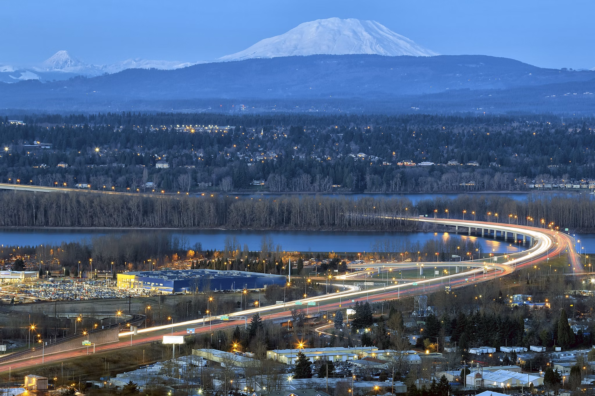Glenn L  Jackson Memorial Bridge I-205 freeway over Columbvia River between Oregon and Washington state during evening blue hour