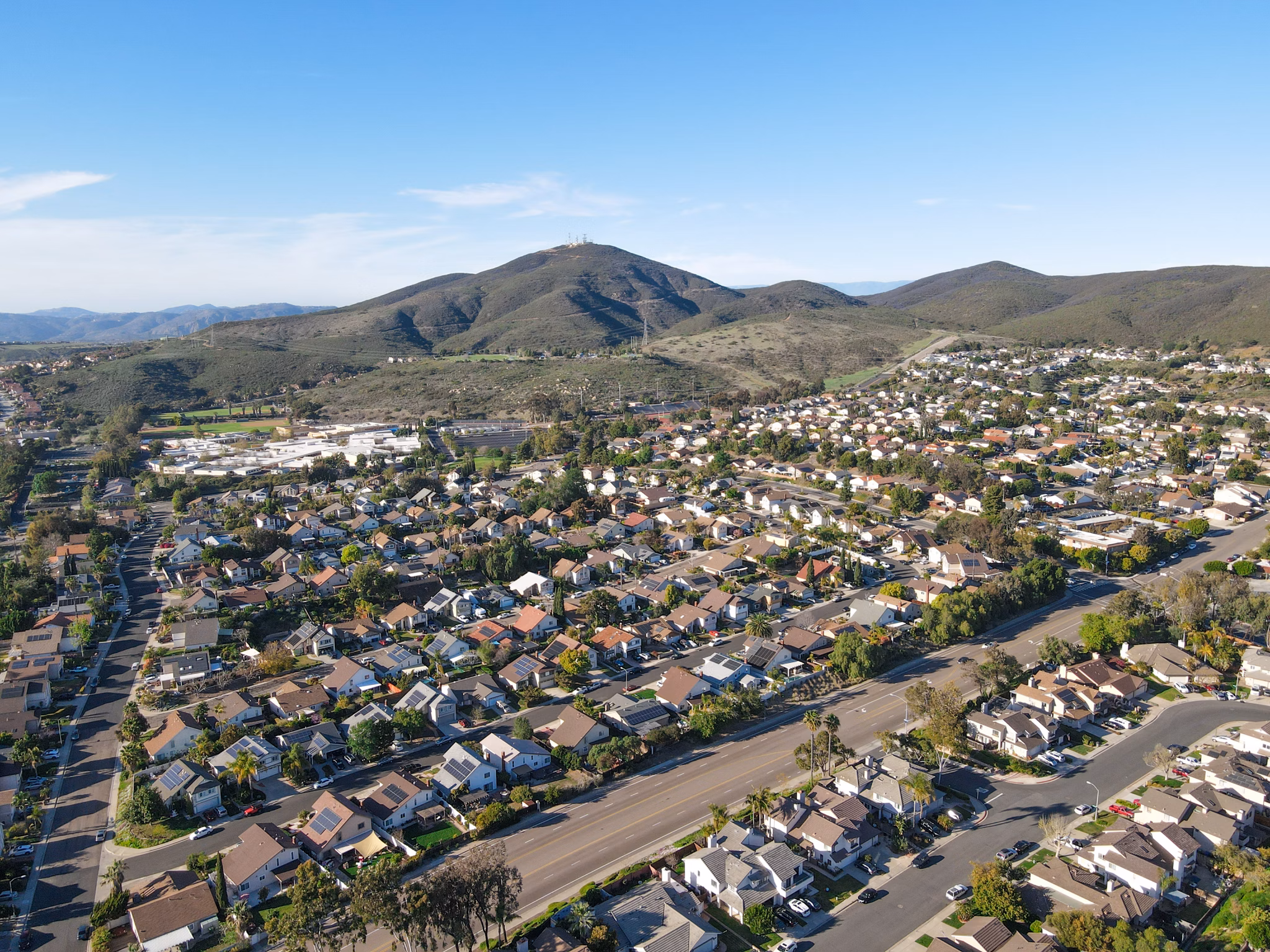 Aerial view of Carmel Mountain neighborhood with Black Mountain. San Diego County, California.