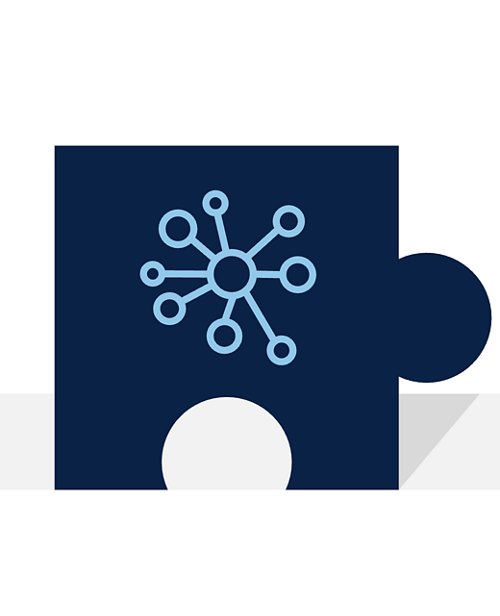Graphic icon featuring a stylized network or atom symbol with connections, representing connectivity or interaction, set against a dark blue background with abstract shapes.