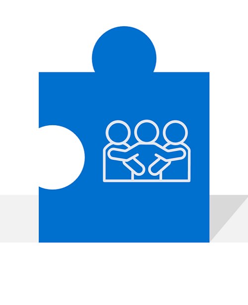 Icon depicting three stylized human figures in unity, symbolizing community and belonging, on a puzzle piece-shaped blue background.