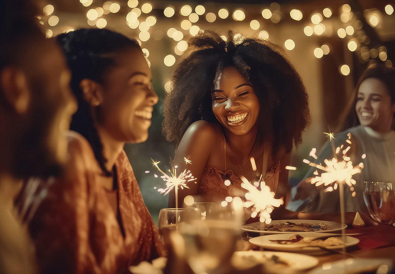 Friends enjoying a festive celebration with sparklers and laughter around a dinner table.