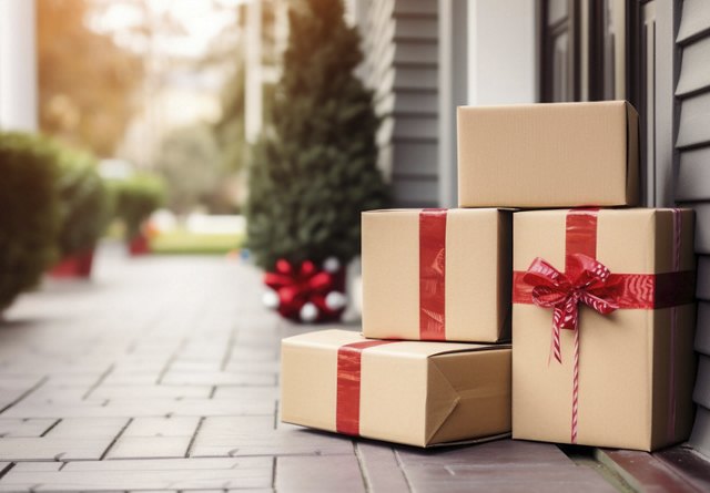 Brown packages with red ribbons on a house doorstep, with a festive wreath and blurred holiday decorations in the background.