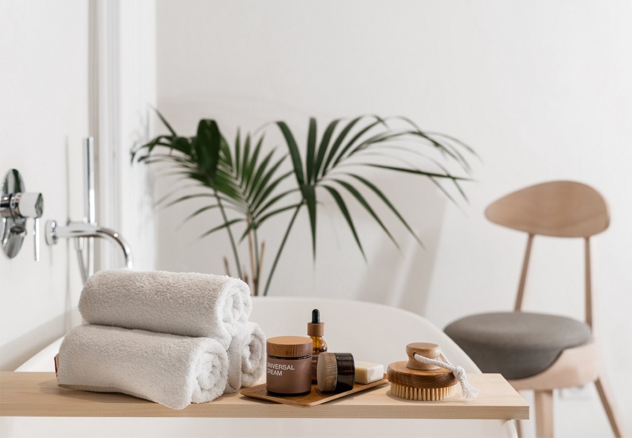 Folded white towels on a wooden bath tray with skincare products and a plant, near a bathtub and modern chair.