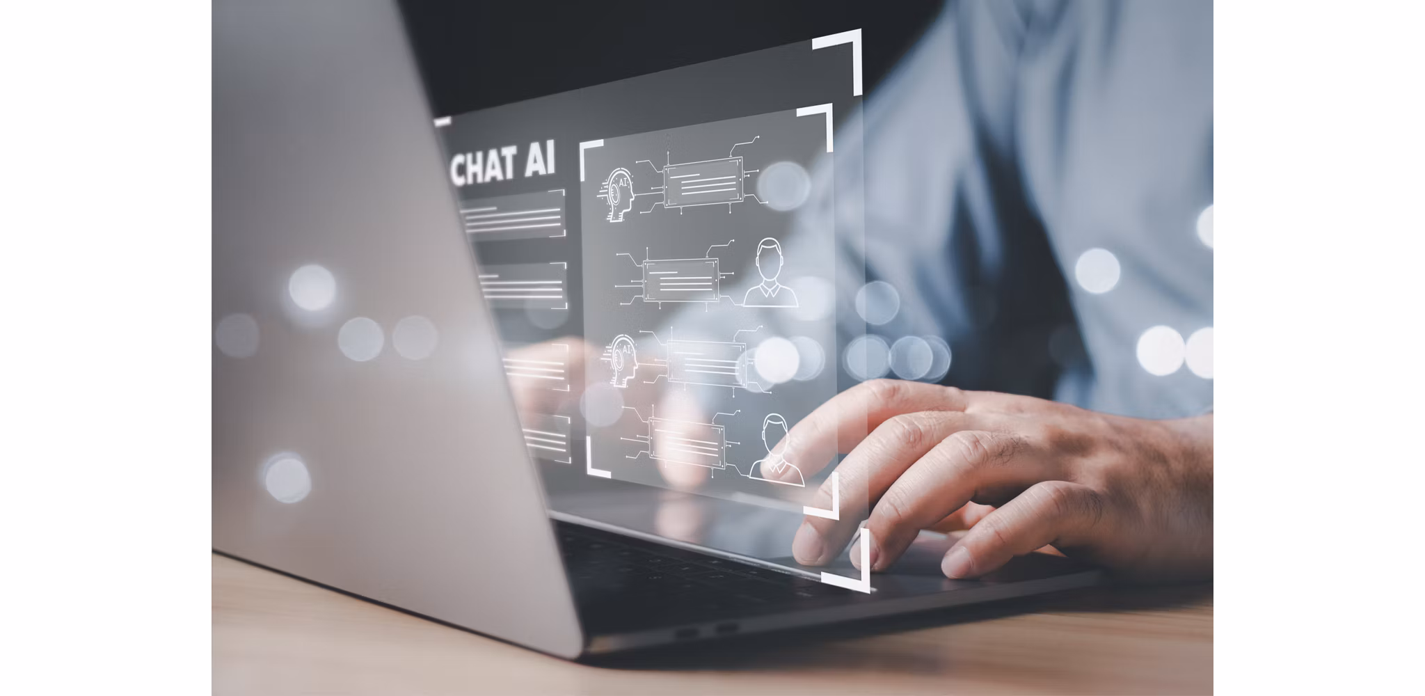 Person using a laptop with graphics of chat AI technology floating above the screen.