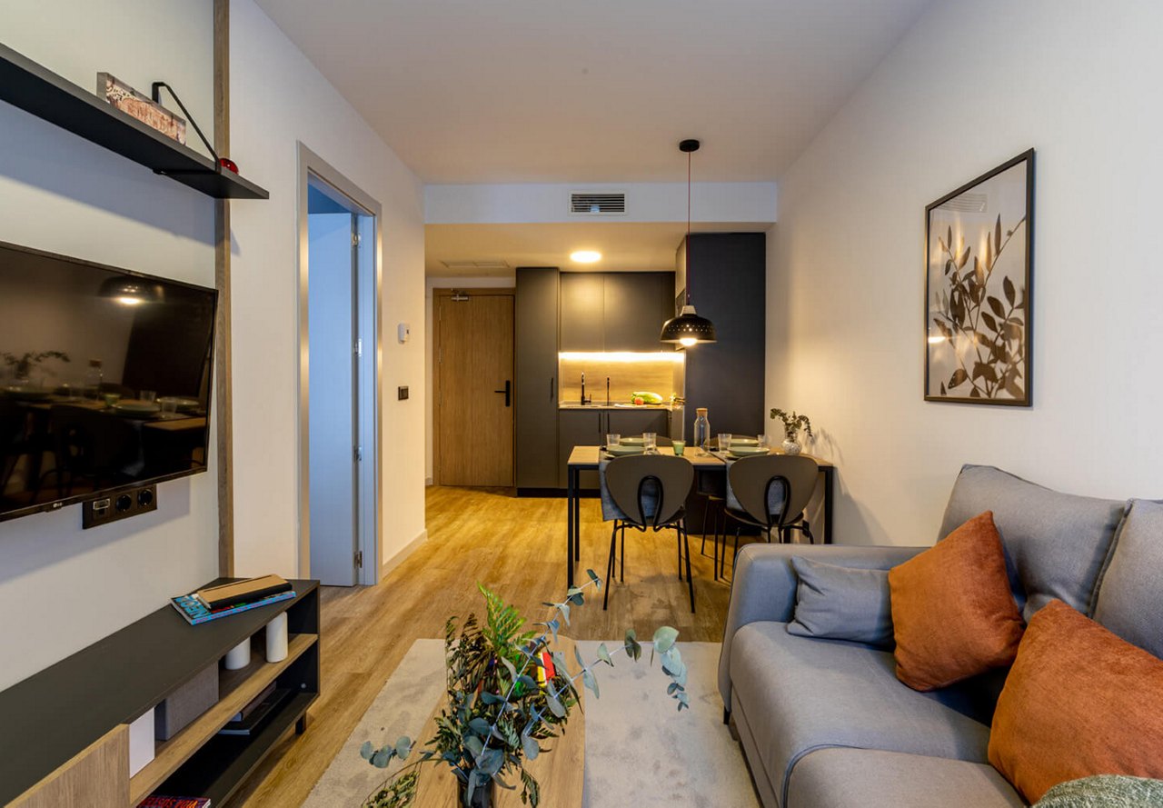 Modern apartment interior with an open layout featuring a living area with a gray sofa, and a dining space with a kitchen in the background.