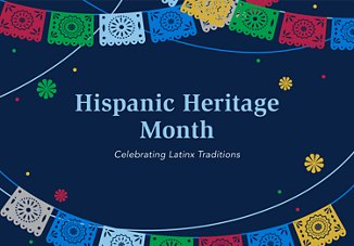 Graphic banner for Hispanic Heritage Month featuring colorful papel picado decorations and the phrase 'Celebrating Latinx Traditions'.