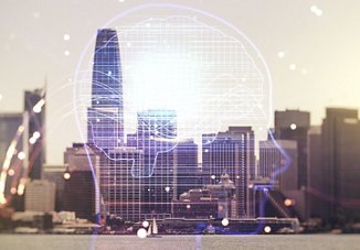 Digital illustration of a brain overlaid on a city skyline, symbolizing the integration of artificial intelligence in urban settings.