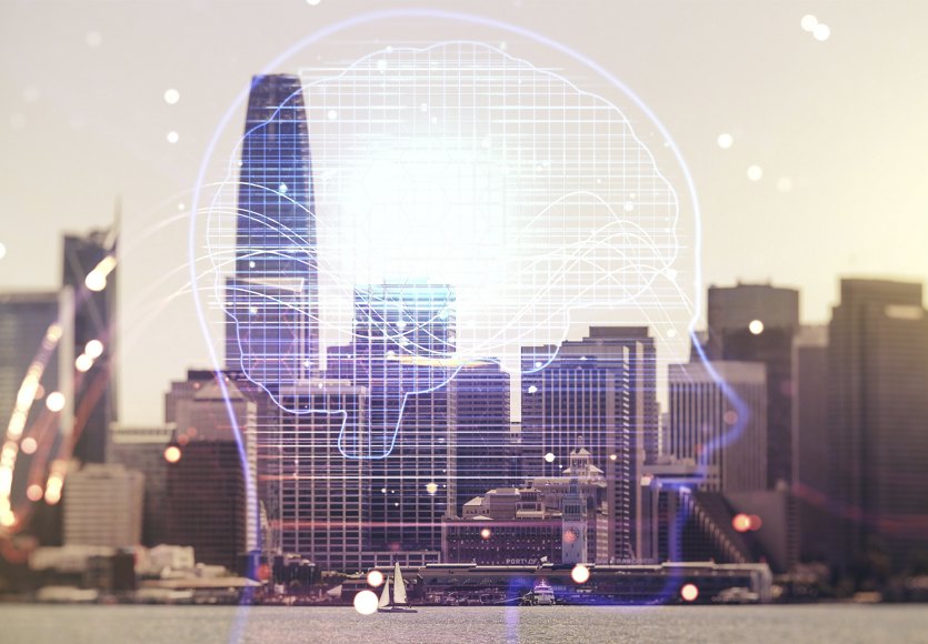 Digital illustration of a brain overlaid on a city skyline, symbolizing the integration of artificial intelligence in urban settings.
