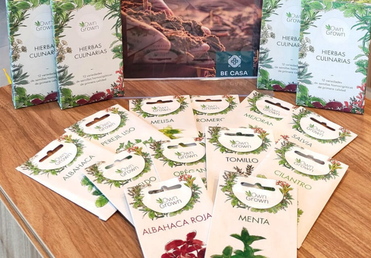"An array of herb seed packets on display, labeled with various plant names such as Albahaca (Basil), Perejil (Parsley), and Menta (Mint), promoting home gardening and sustainability.