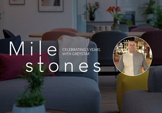 Banner celebrating 5 years with Greystar featuring 'Milestones' text over an image of a cozy living room and a circular inset photo of a smiling man in a city setting.