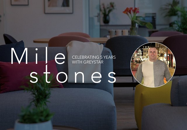 Banner celebrating 5 years with Greystar featuring 'Milestones' text over an image of a cozy living room and a circular inset photo of a smiling man in a city setting.