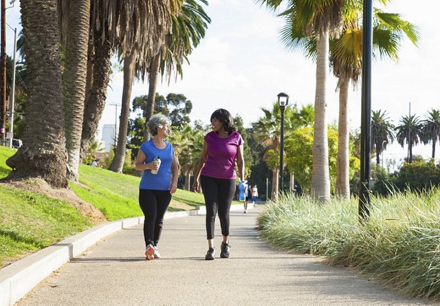 Two older women walking together in a park in Los Angeles, California, chatting and smiling at each other while enjoying the surrounding nature.