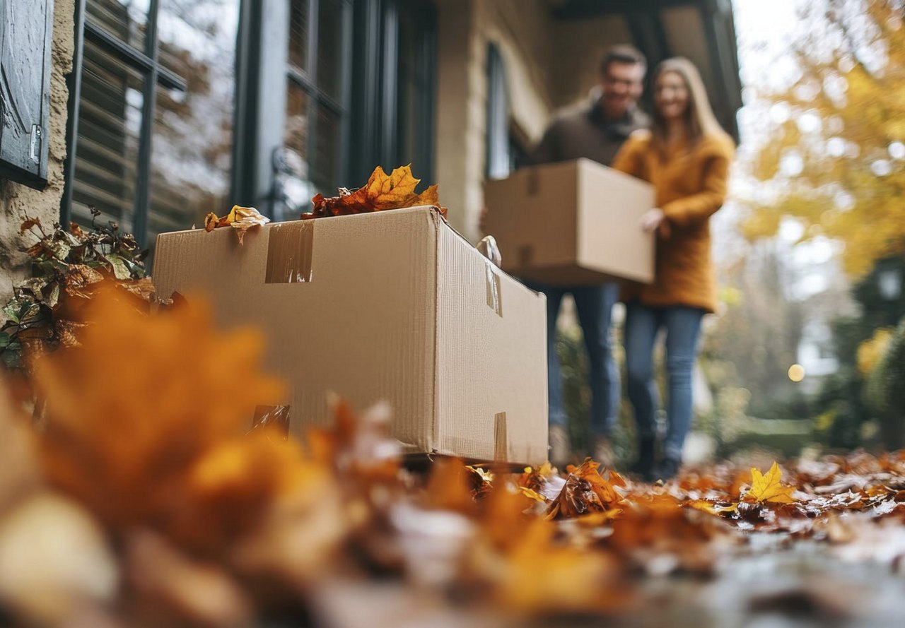 Young couple moving into their new home in the fall, with autumn leaves scattered on the ground and a cardboard box in the foreground topped with leaves, while the couple is softly blurred in the background.