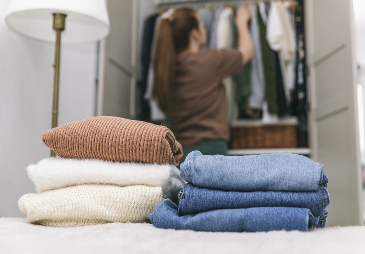 Woman organizing her closet, with a stack of folded clothes on the bed and a lamp nearby, creating a tidy and focused scene.